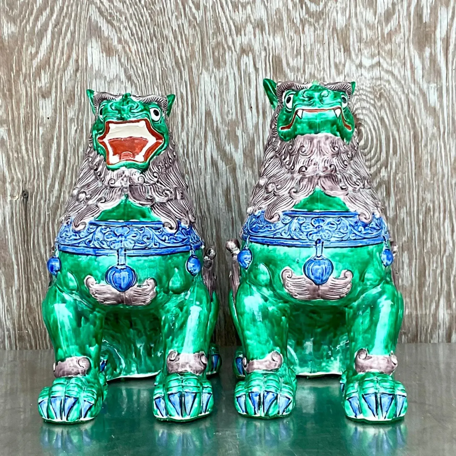 Vintage Asian Glazed Ceramic Foo Dogs - a Pair - Ceramic, 13W x 14.5H — additional photo 6