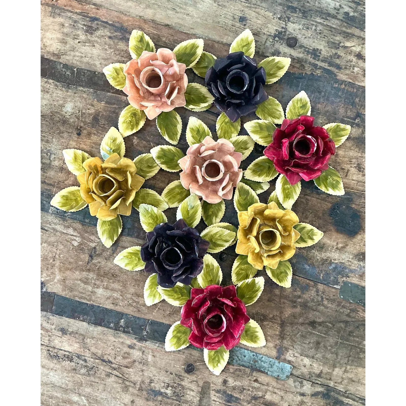 Vintage Hand Painted Tole Roses Candle Holders - Set of 8 — additional photo 1