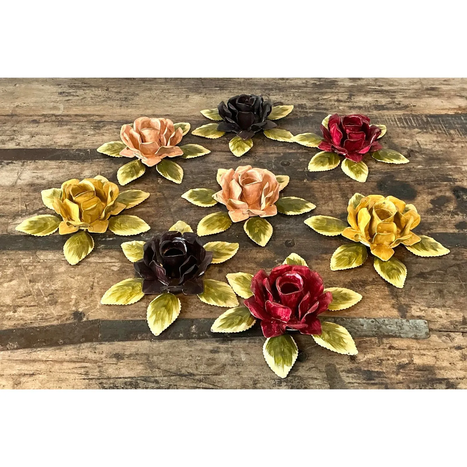 Vintage Hand Painted Tole Roses Candle Holders - Set of 8 — additional photo 2