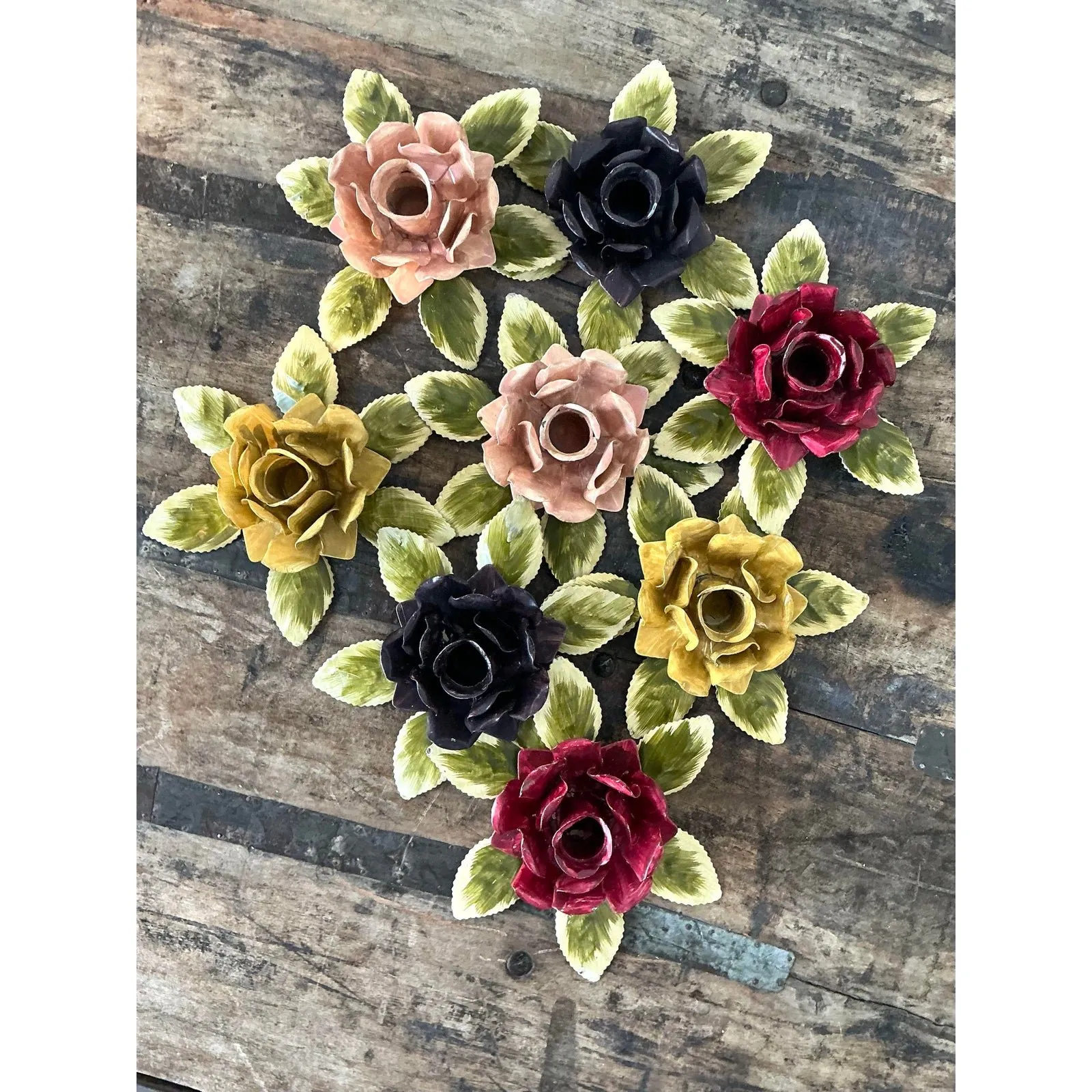 Vintage Hand Painted Tole Roses Candle Holders - Set of 8 — additional photo 3
