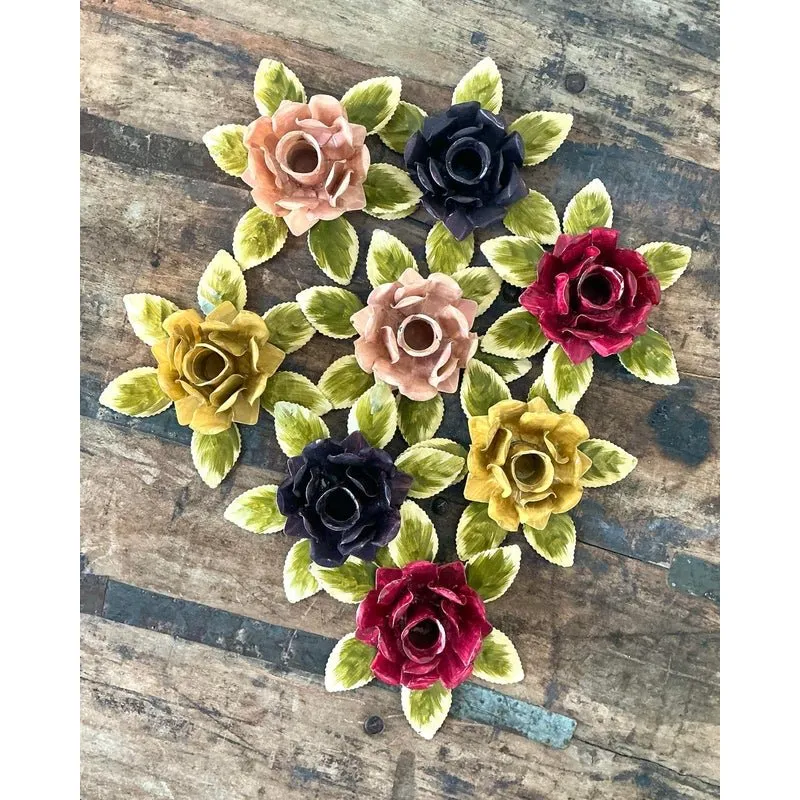 Vintage Hand Painted Tole Roses Candle Holders - Set of 8 — additional photo 4