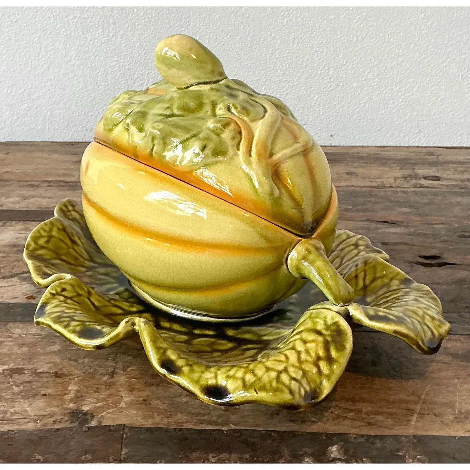 Vintage French Sarreguemines Glazed Ceramic Lidded Melon Bowl