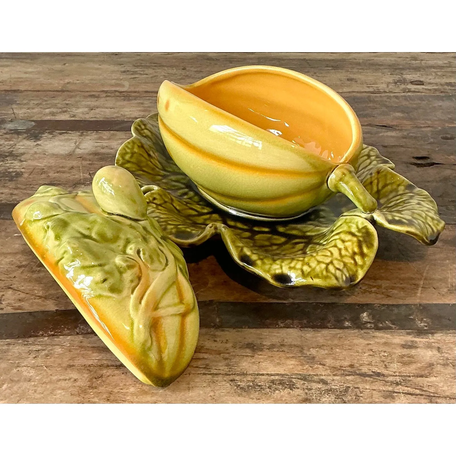 Vintage French Sarreguemines Glazed Ceramic Lidded Melon Bowl — additional photo 1