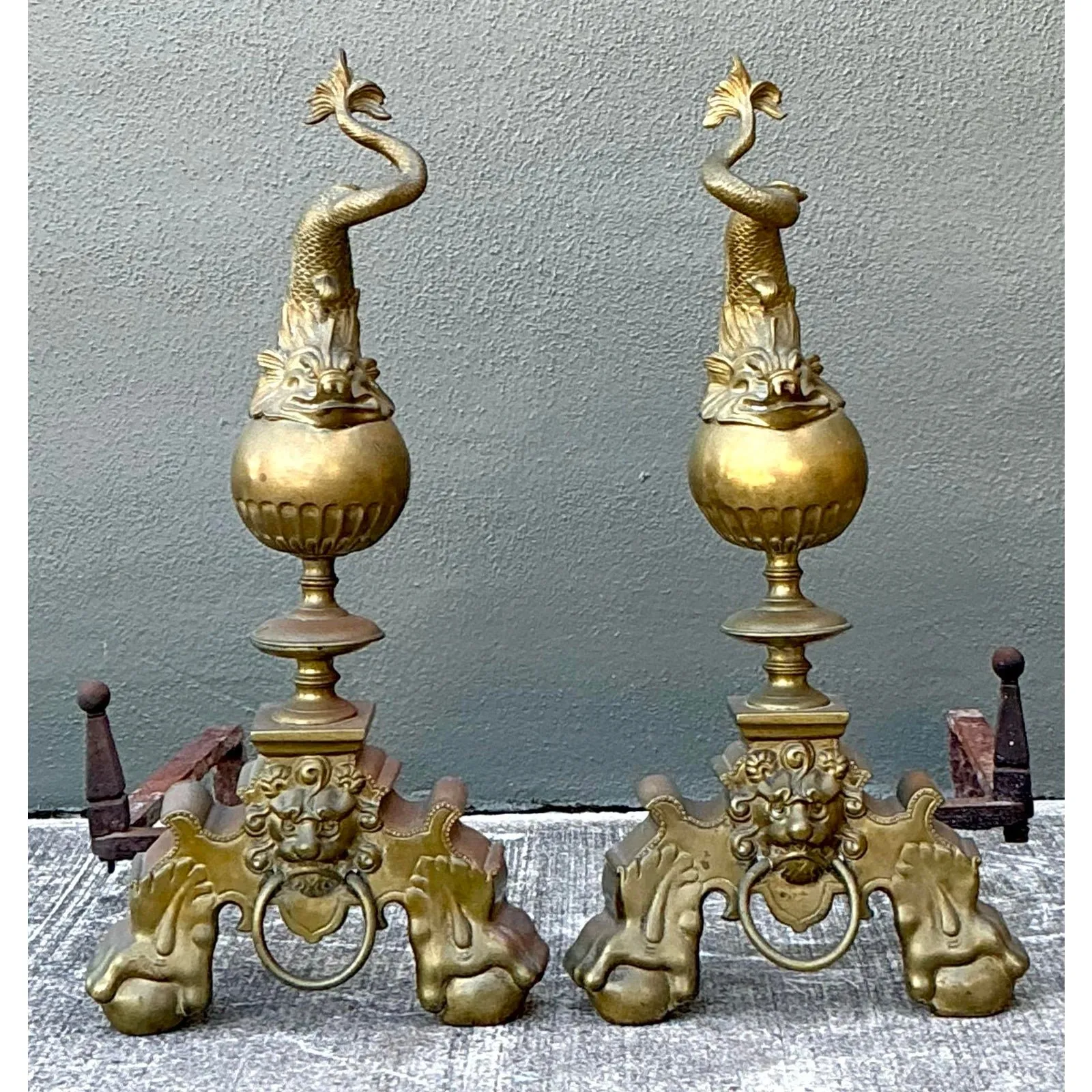 Vintage Brass Koi Andirons - A Pair