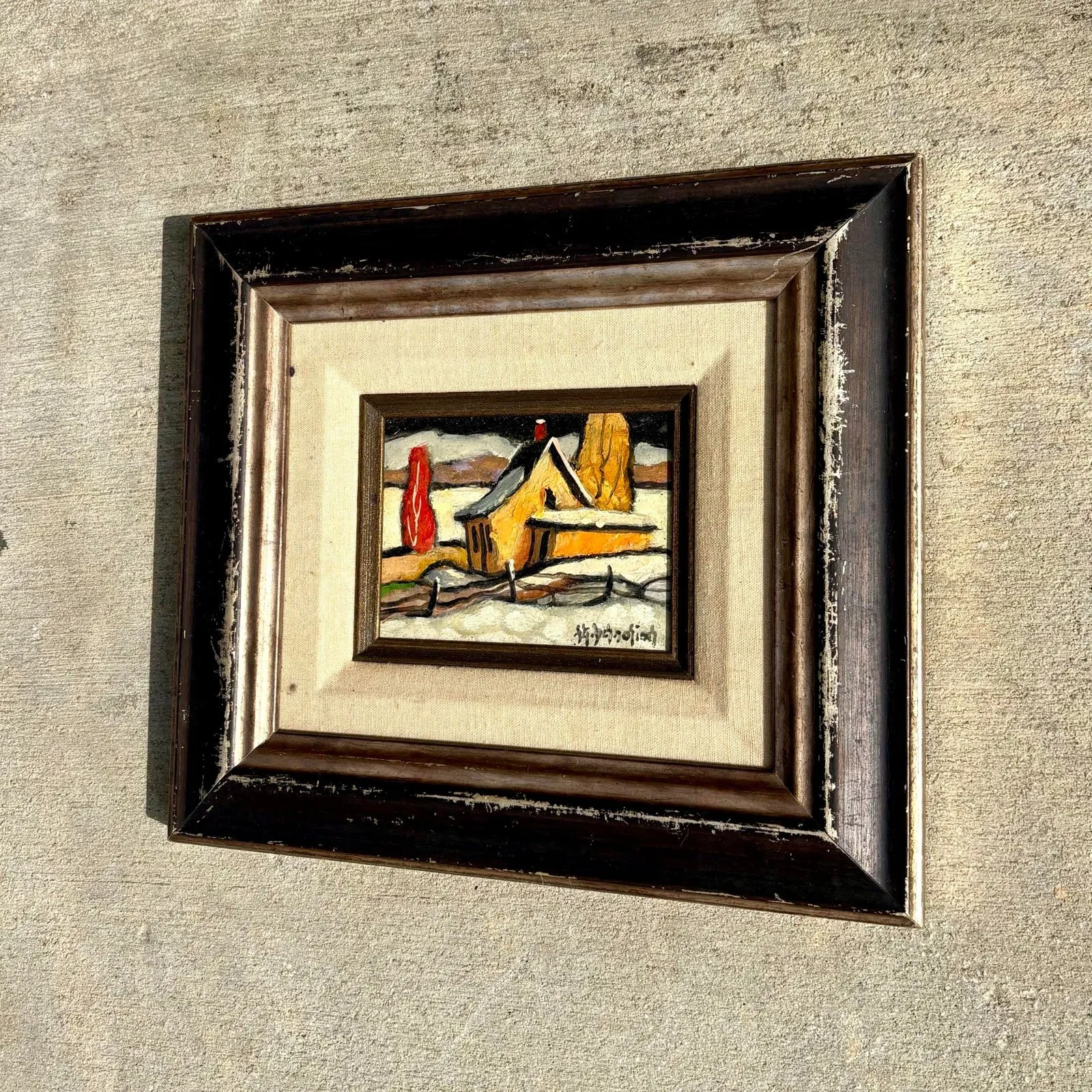 Vintage Boho Winter Farm Oil Painting in Frame