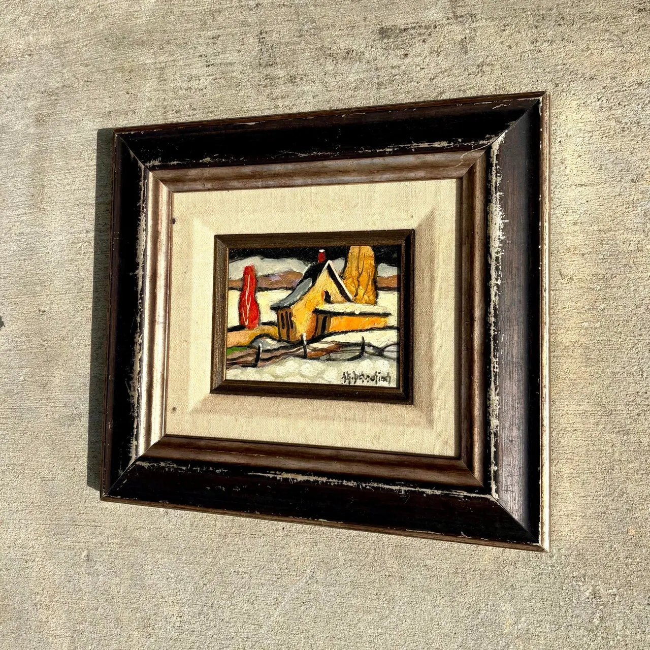 Vintage Boho Winter Farm Oil Painting in Frame