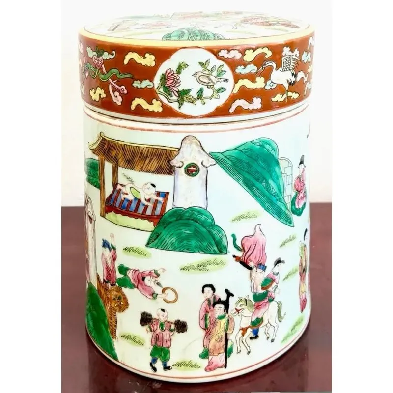 Vintage Asian Chinoiserie Hand Painted Lidded Vase — additional photo 2