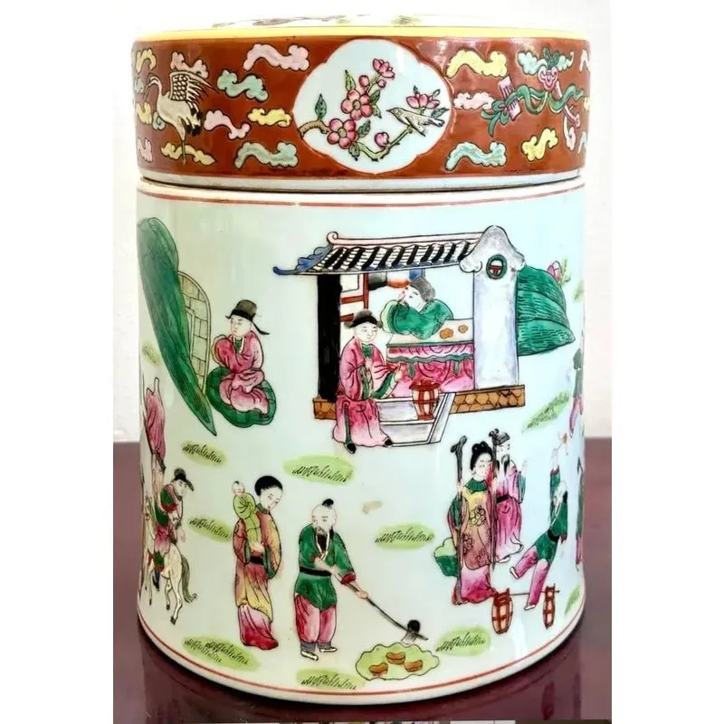 Vintage Asian Chinoiserie Hand Painted Lidded Vase — additional photo 3
