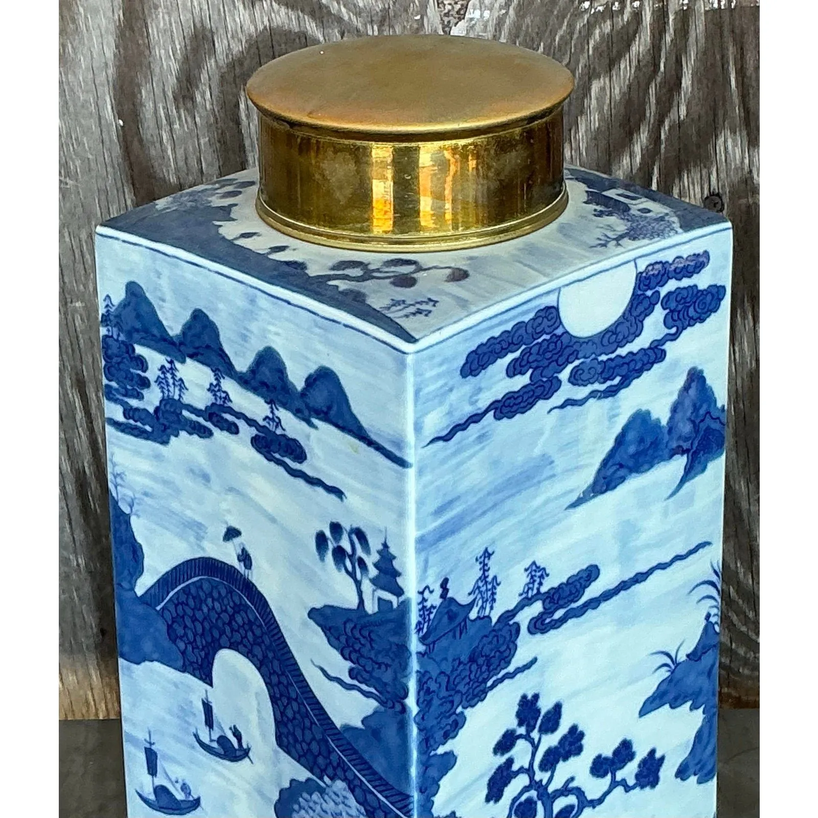Vintage Asian Blue and White Brass Cap Ginger Jar — additional photo 5
