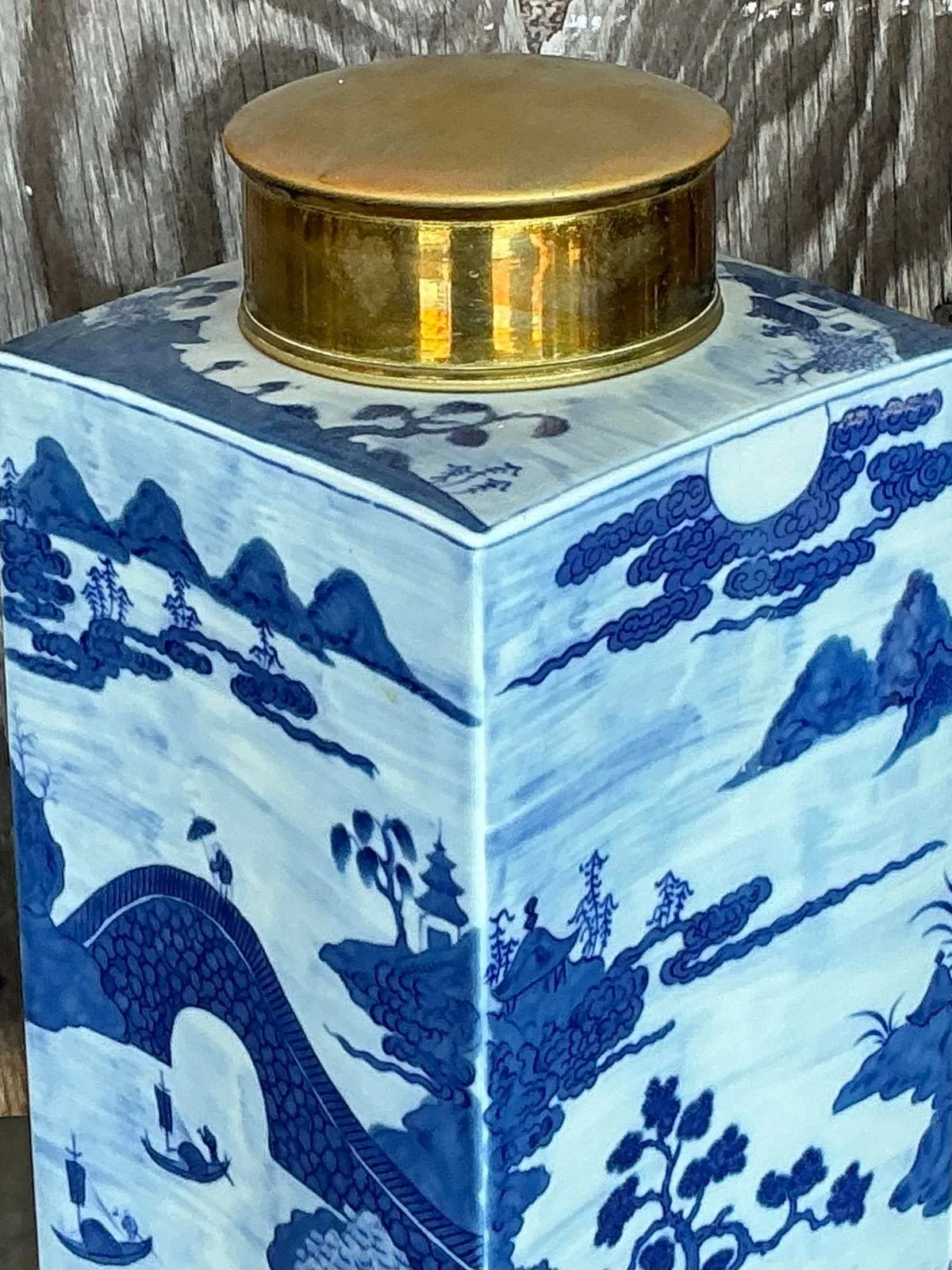 Vintage Asian Blue and White Brass Cap Ginger Jar — additional photo 5
