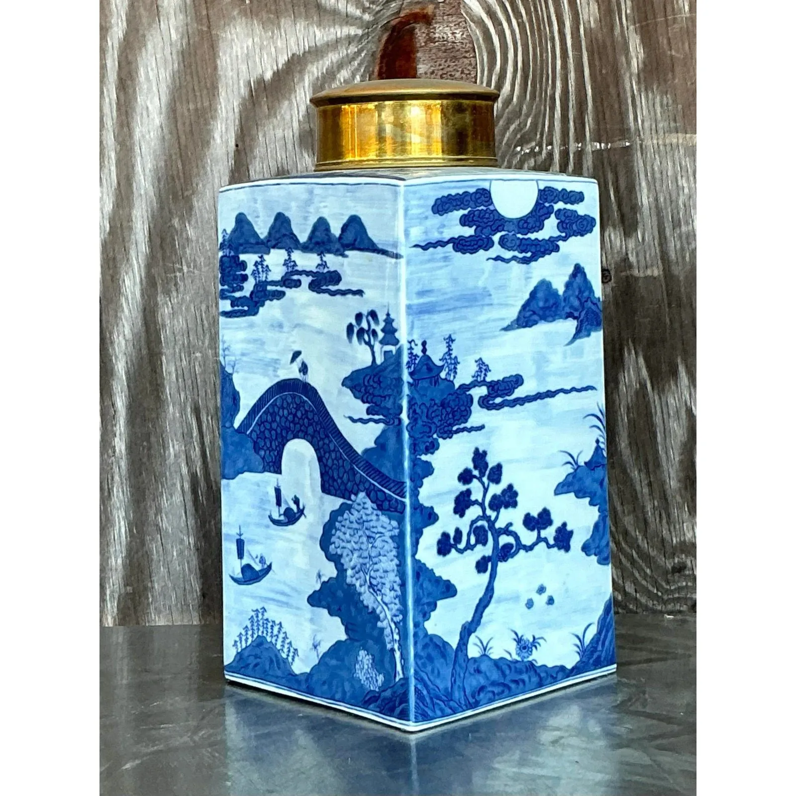 Vintage Asian Blue and White Brass Cap Ginger Jar — additional photo 3