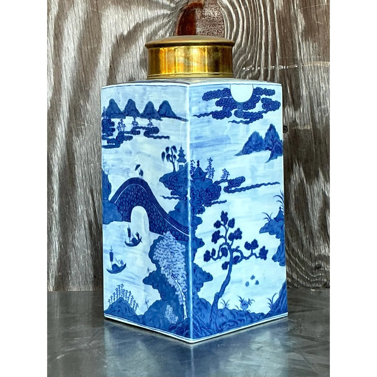 Vintage Asian Blue and White Brass Cap Ginger Jar — additional photo 1