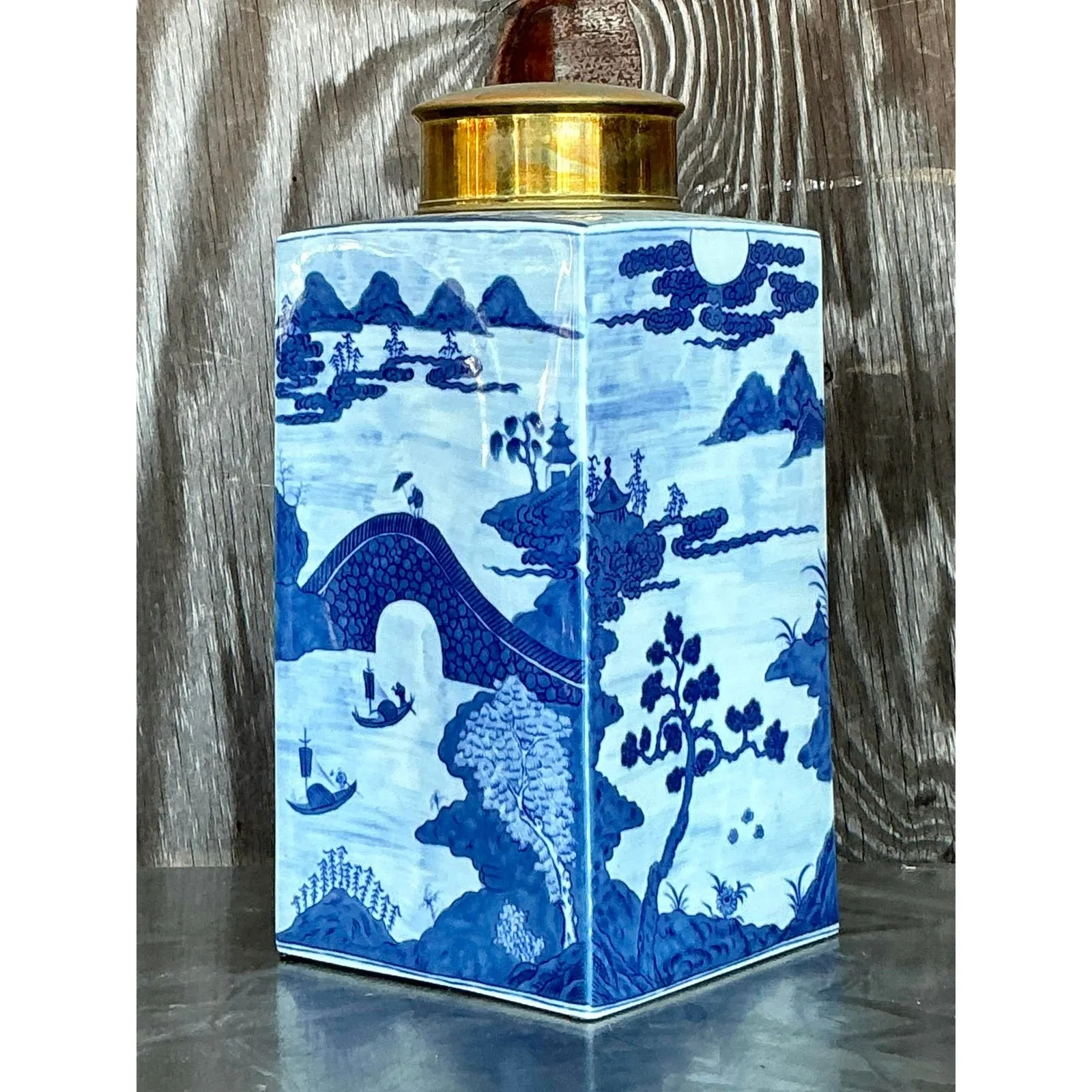 Vintage Asian Blue and White Brass Cap Ginger Jar — additional photo 2