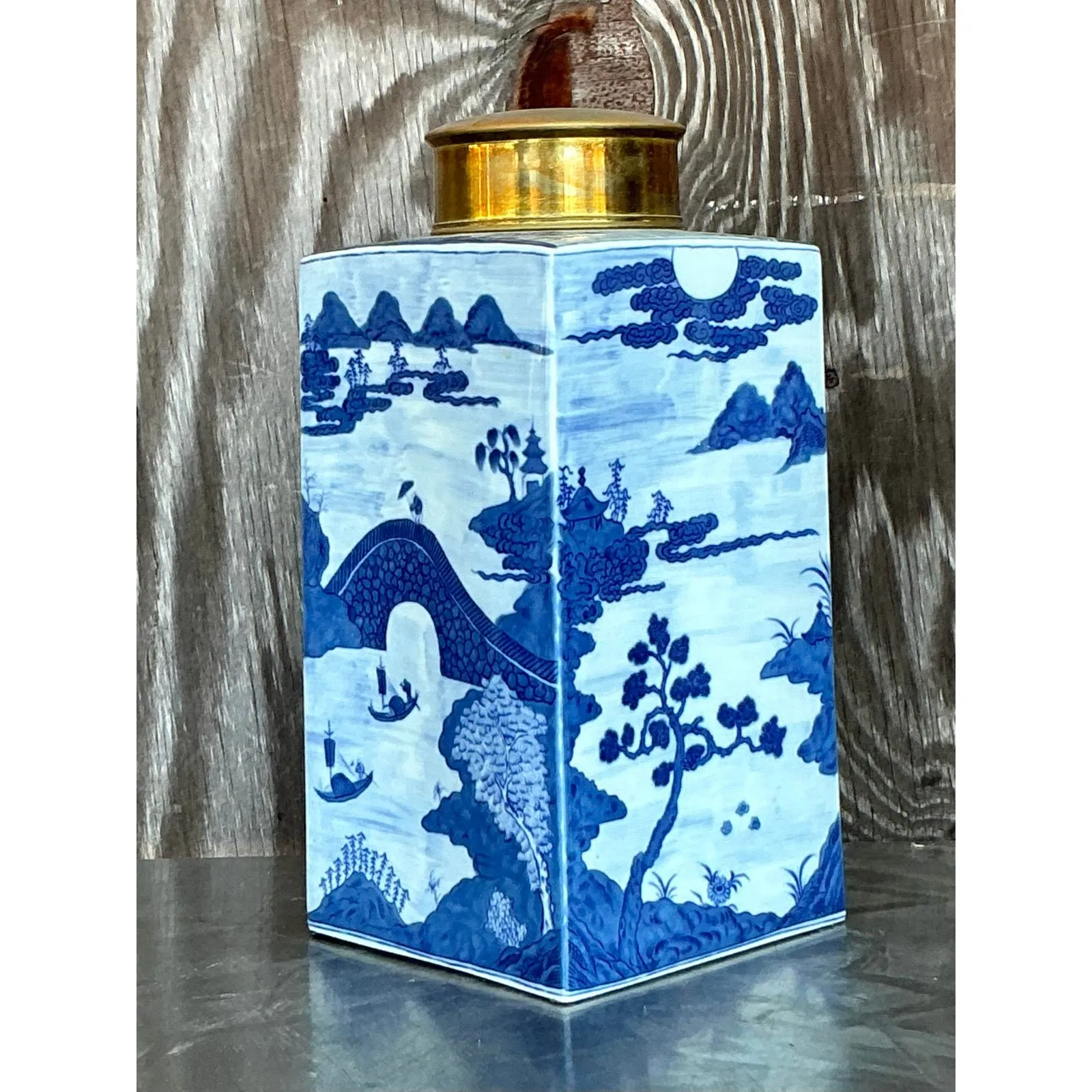Vintage Asian Blue and White Brass Cap Ginger Jar — additional photo 7