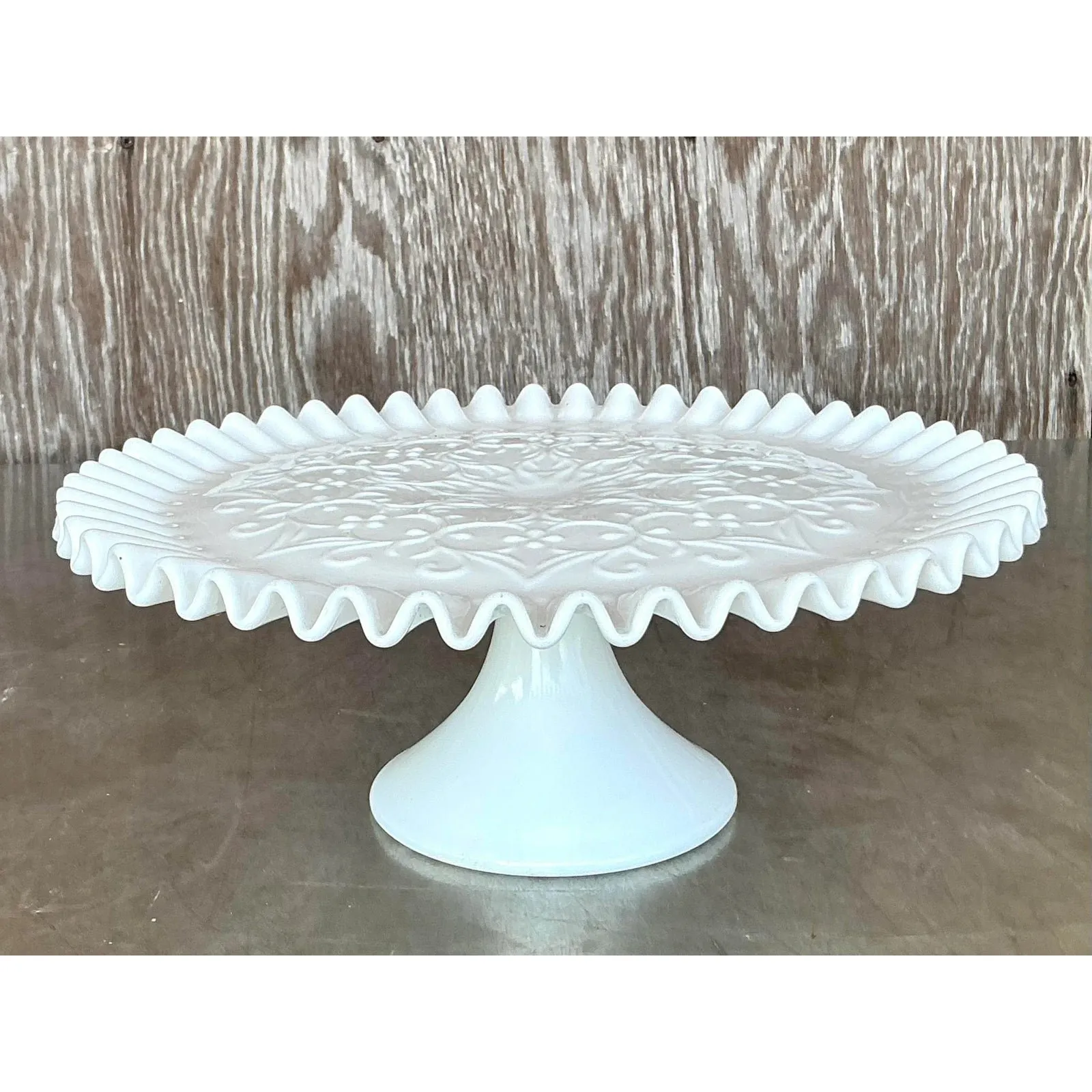 Vintage Regency Ruffled Milk Glass Cake Stand — additional photo 1