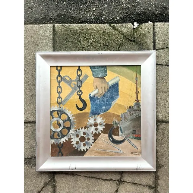 Mid 20th Century Vintage Boho Wpa Original Oil on Board — additional photo 1