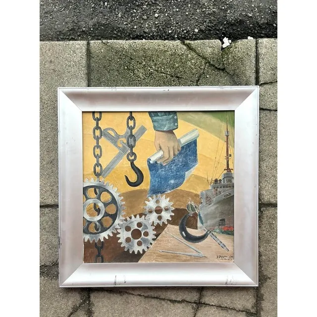 Mid 20th Century Vintage Boho Wpa Original Oil on Board — additional photo 2