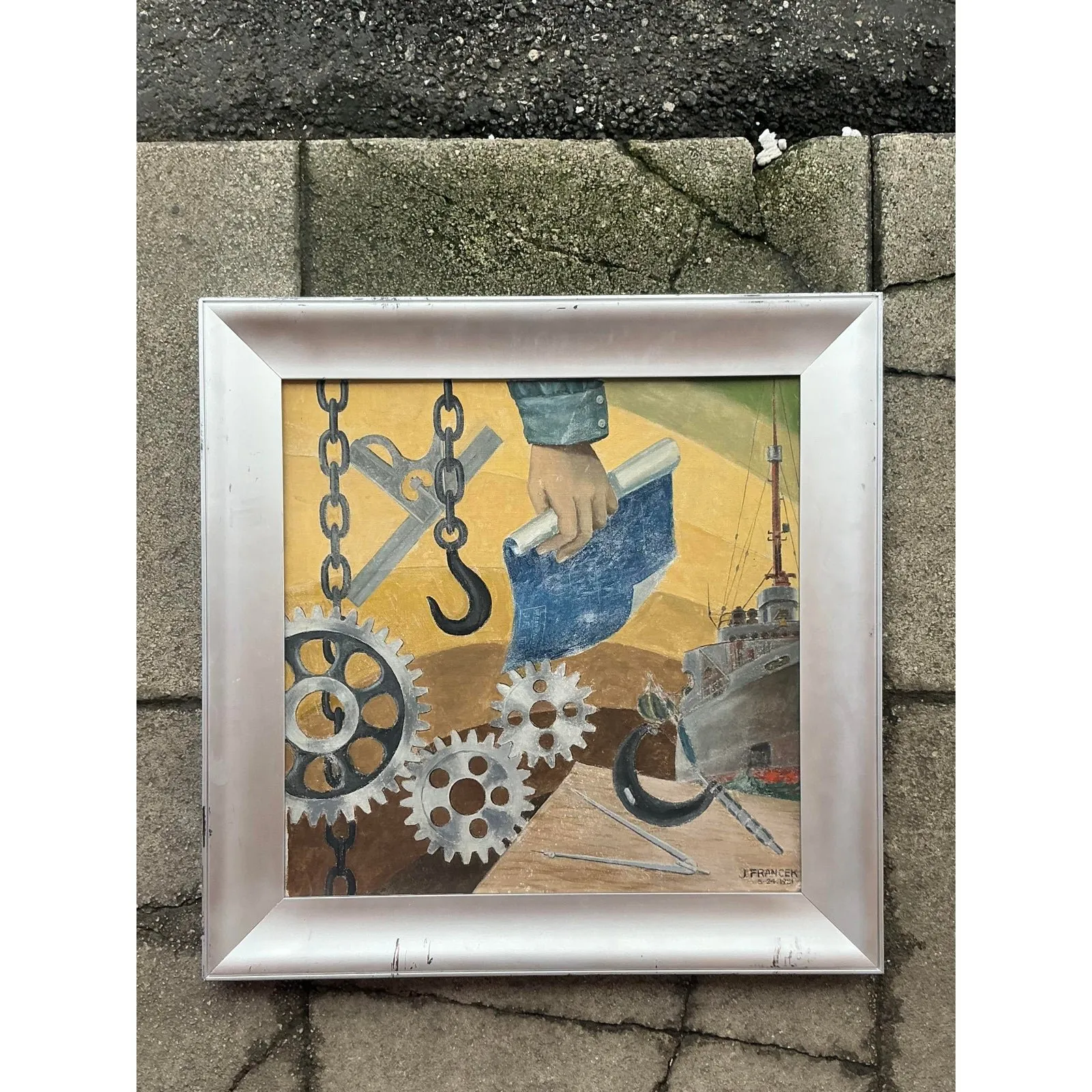 Mid 20th Century Vintage Boho Wpa Original Oil on Board — additional photo 3