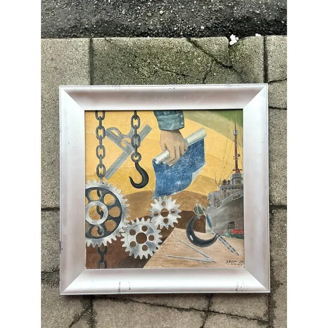 Mid 20th Century Vintage Boho Wpa Original Oil on Board — additional photo 4