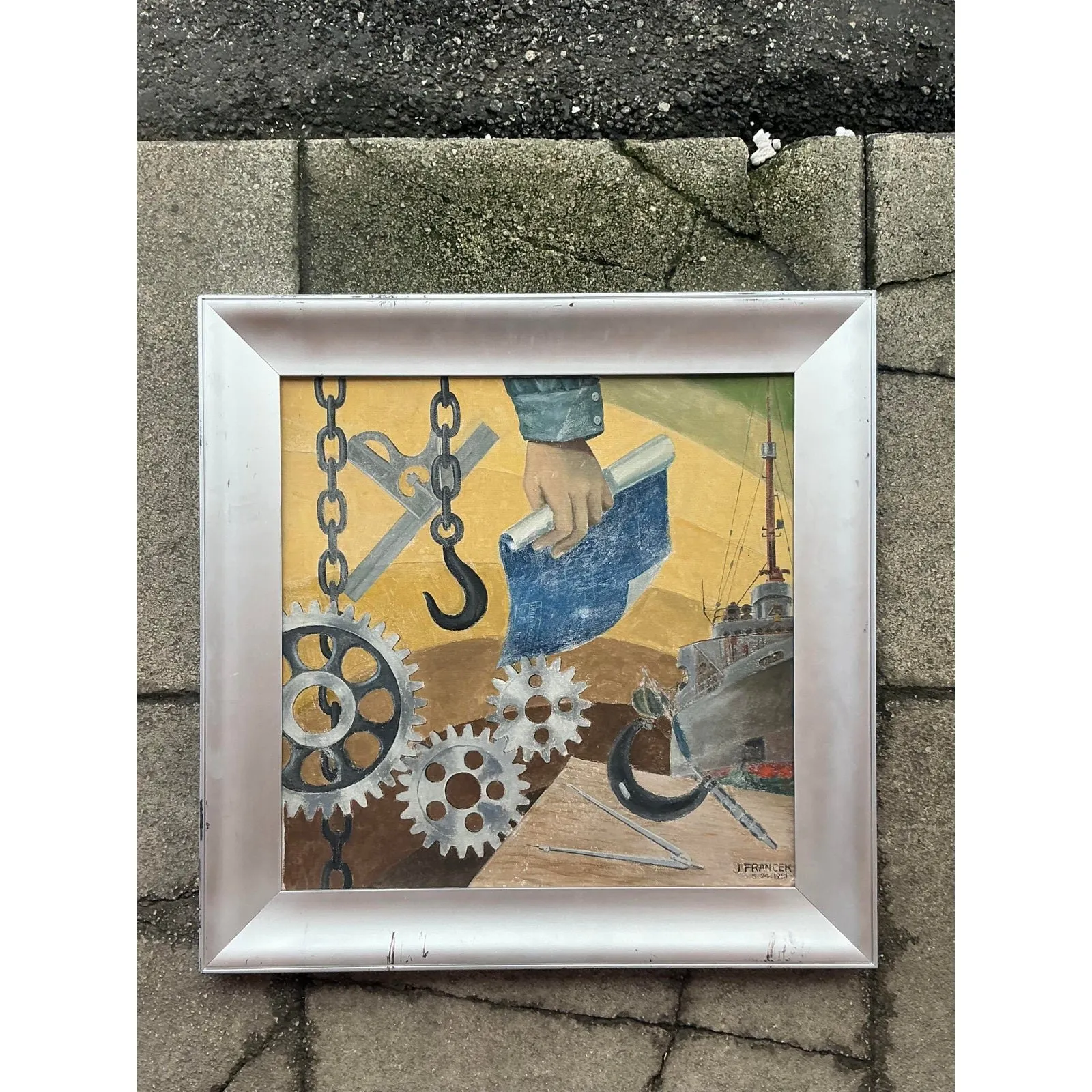 Mid 20th Century Vintage Boho Wpa Original Oil on Board — additional photo 6
