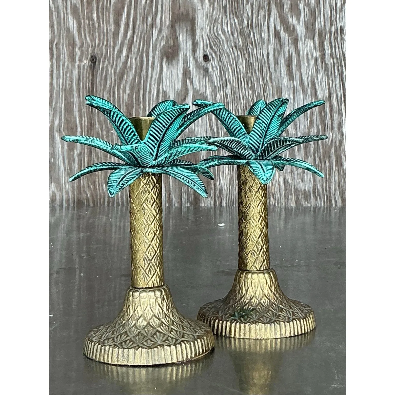 Vintage Coastal Patinated Metal Palm Tree Candlesticks- Set of 2 — additional photo 2