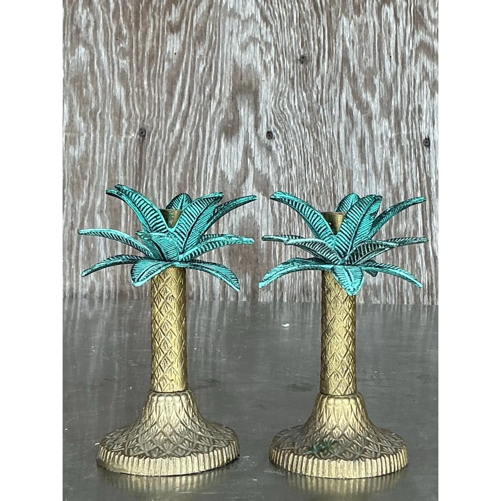Vintage Coastal Patinated Metal Palm Tree Candlesticks- Set of 2 — additional photo 3
