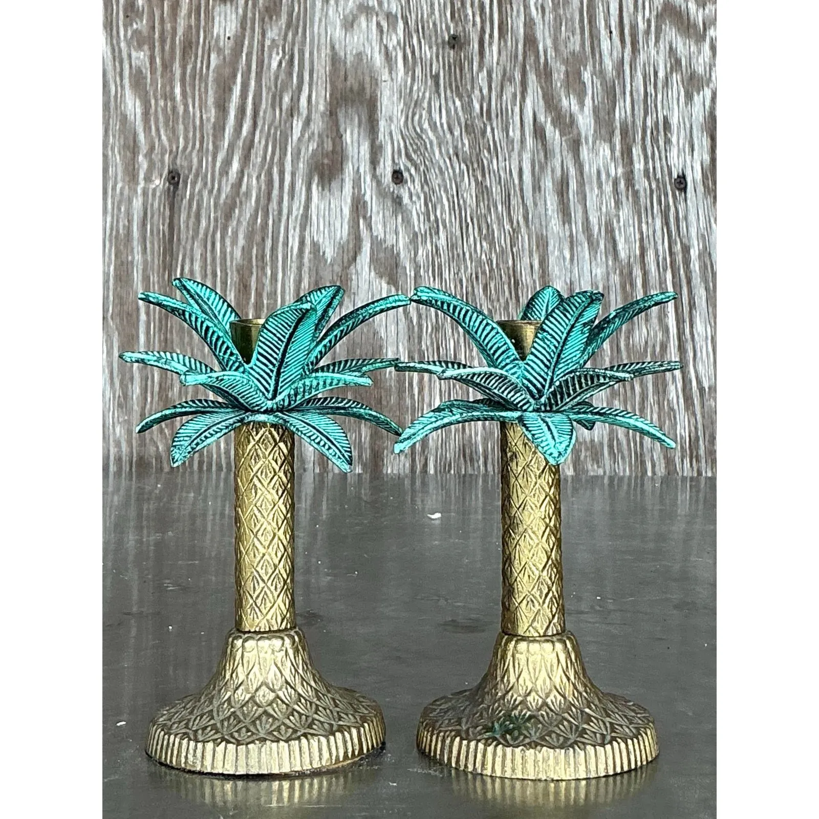 Vintage Coastal Patinated Metal Palm Tree Candlesticks- Set of 2 — additional photo 4