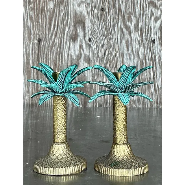 Vintage Coastal Patinated Metal Palm Tree Candlesticks- Set of 2 — additional photo 4