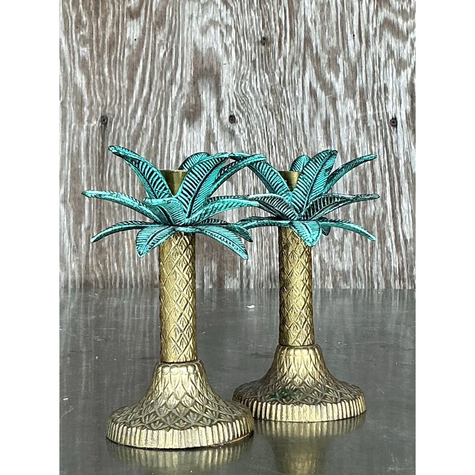 Vintage Coastal Patinated Metal Palm Tree Candlesticks- Set of 2 — additional photo 5