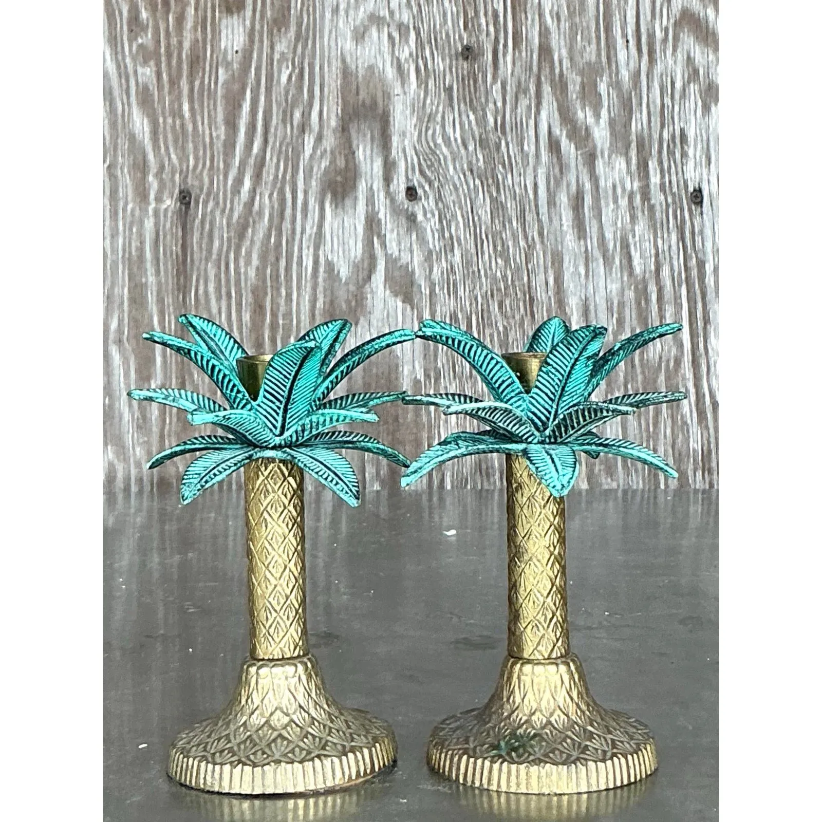 Vintage Coastal Patinated Metal Palm Tree Candlesticks- Set of 2 — additional photo 6