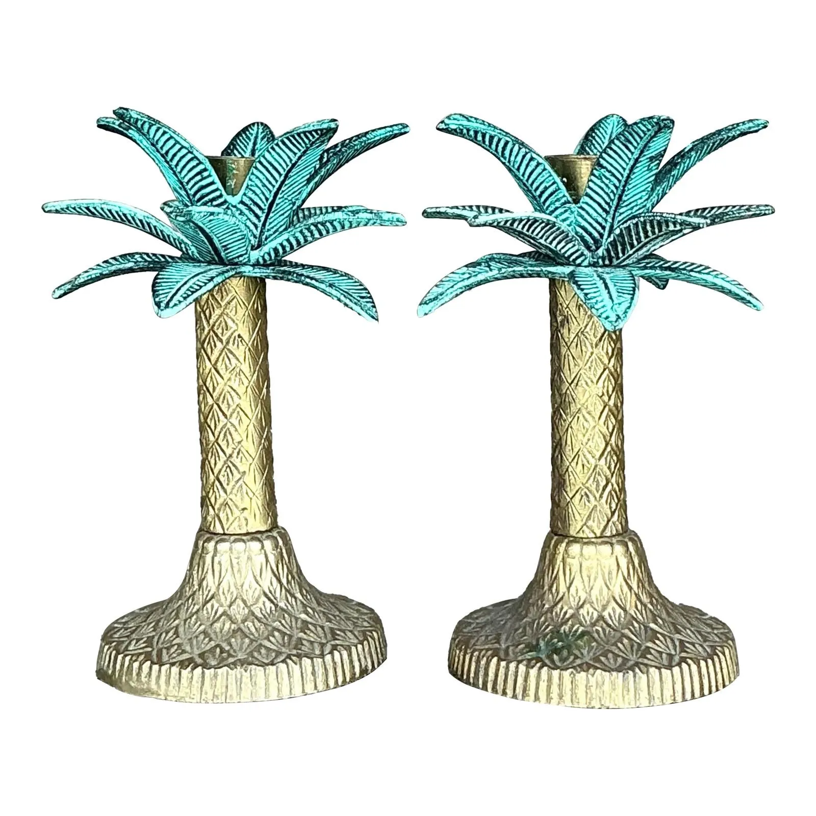 Vintage Coastal Patinated Metal Palm Tree Candlesticks- Set of 2