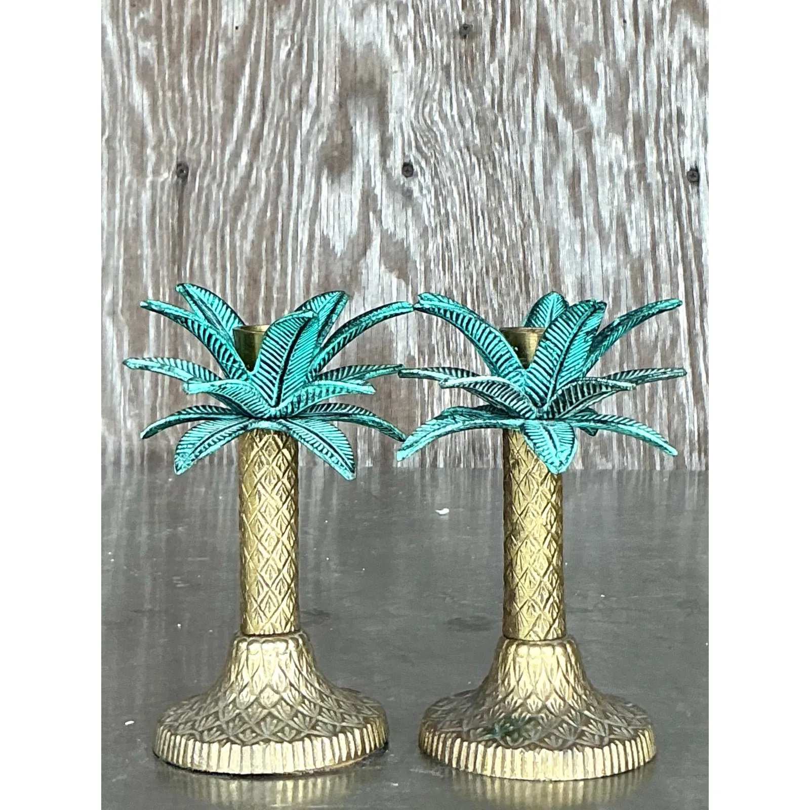 Vintage Coastal Patinated Metal Palm Tree Candlesticks- Set of 2 — additional photo 8