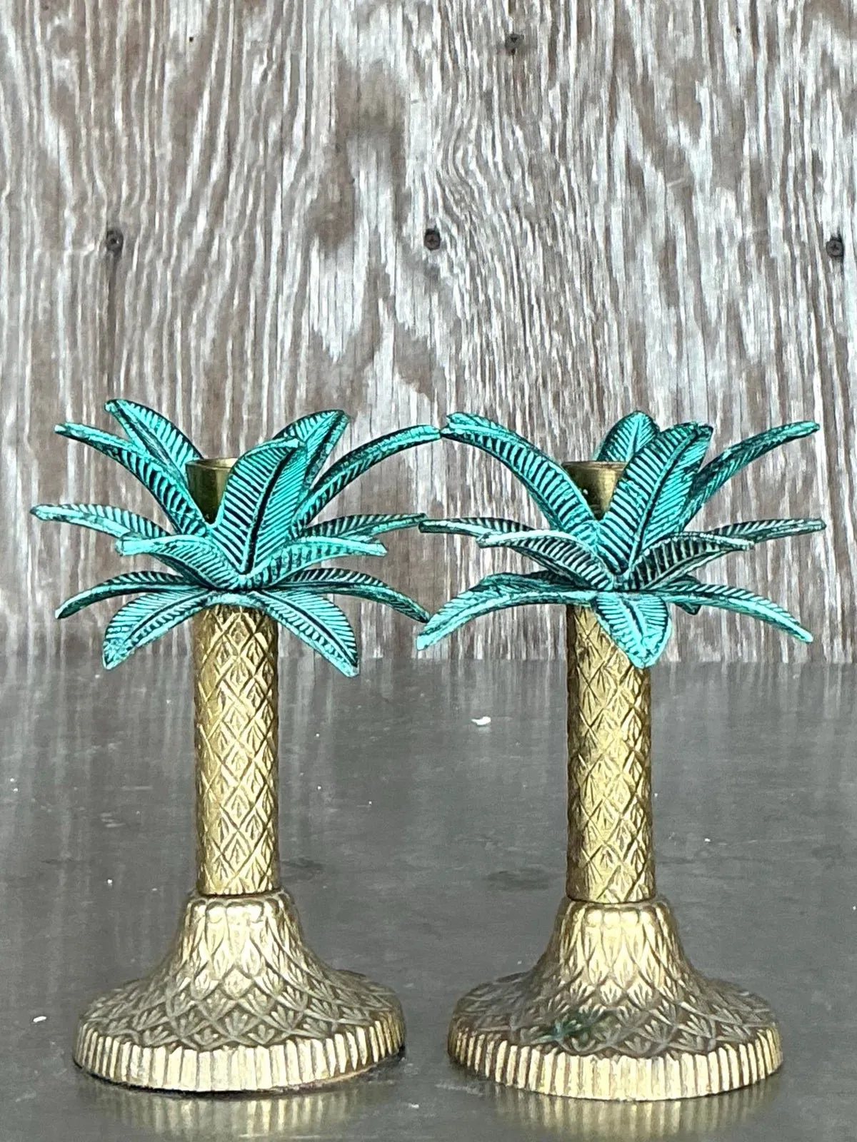 Vintage Coastal Patinated Metal Palm Tree Candlesticks- Set of 2 — additional photo 7
