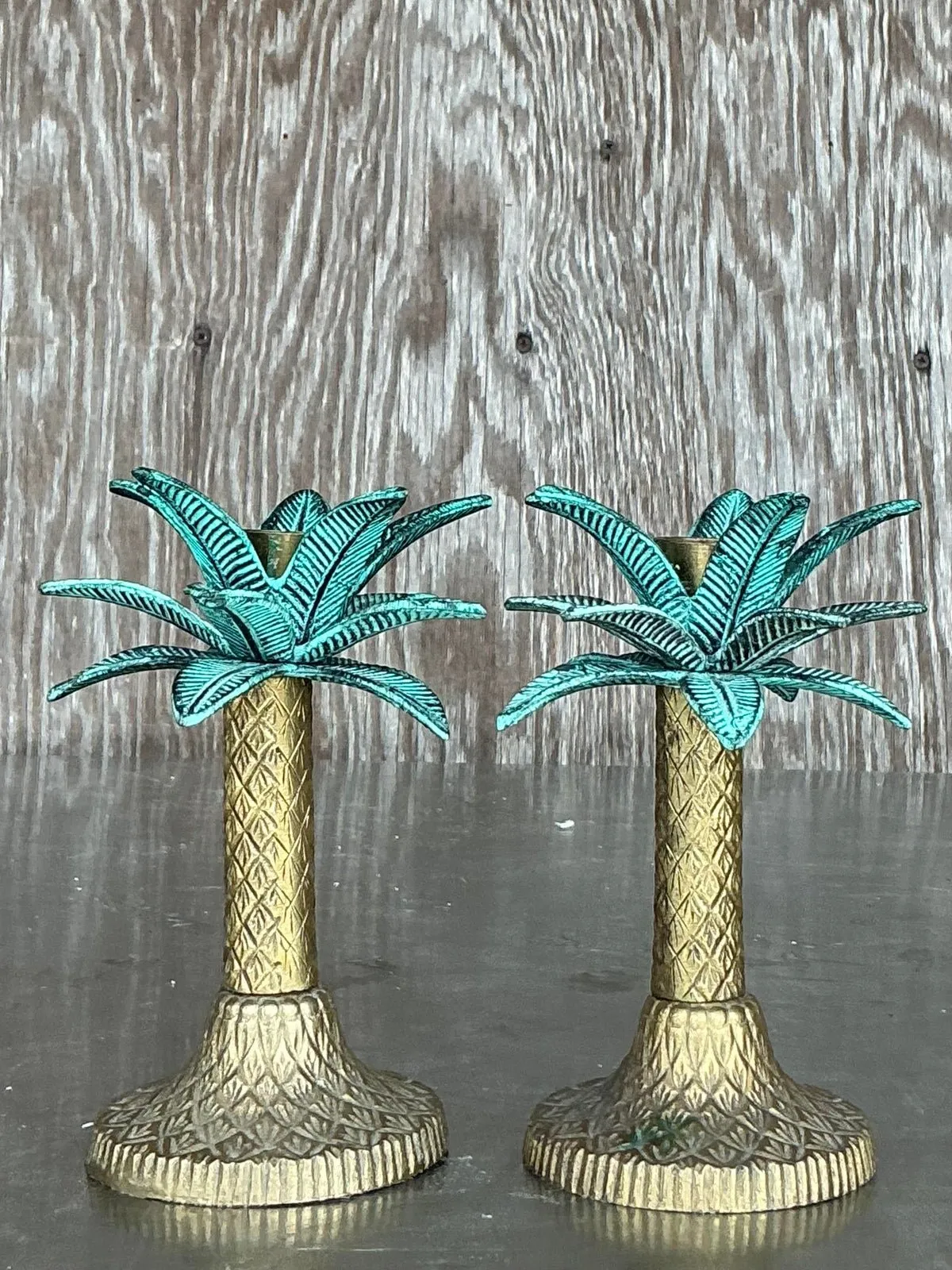 Vintage Coastal Patinated Metal Palm Tree Candlesticks- Set of 2 — additional photo 8