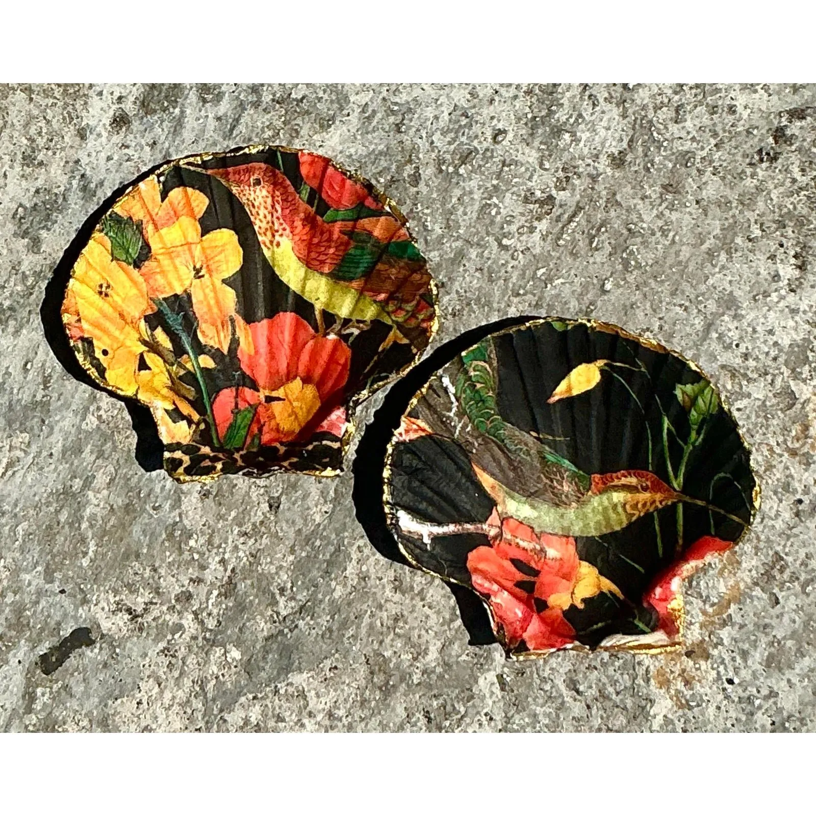 Vintage Boho Decoupage Oyster Shells - Set of 2 - Synthetic, 3.75W x 1H