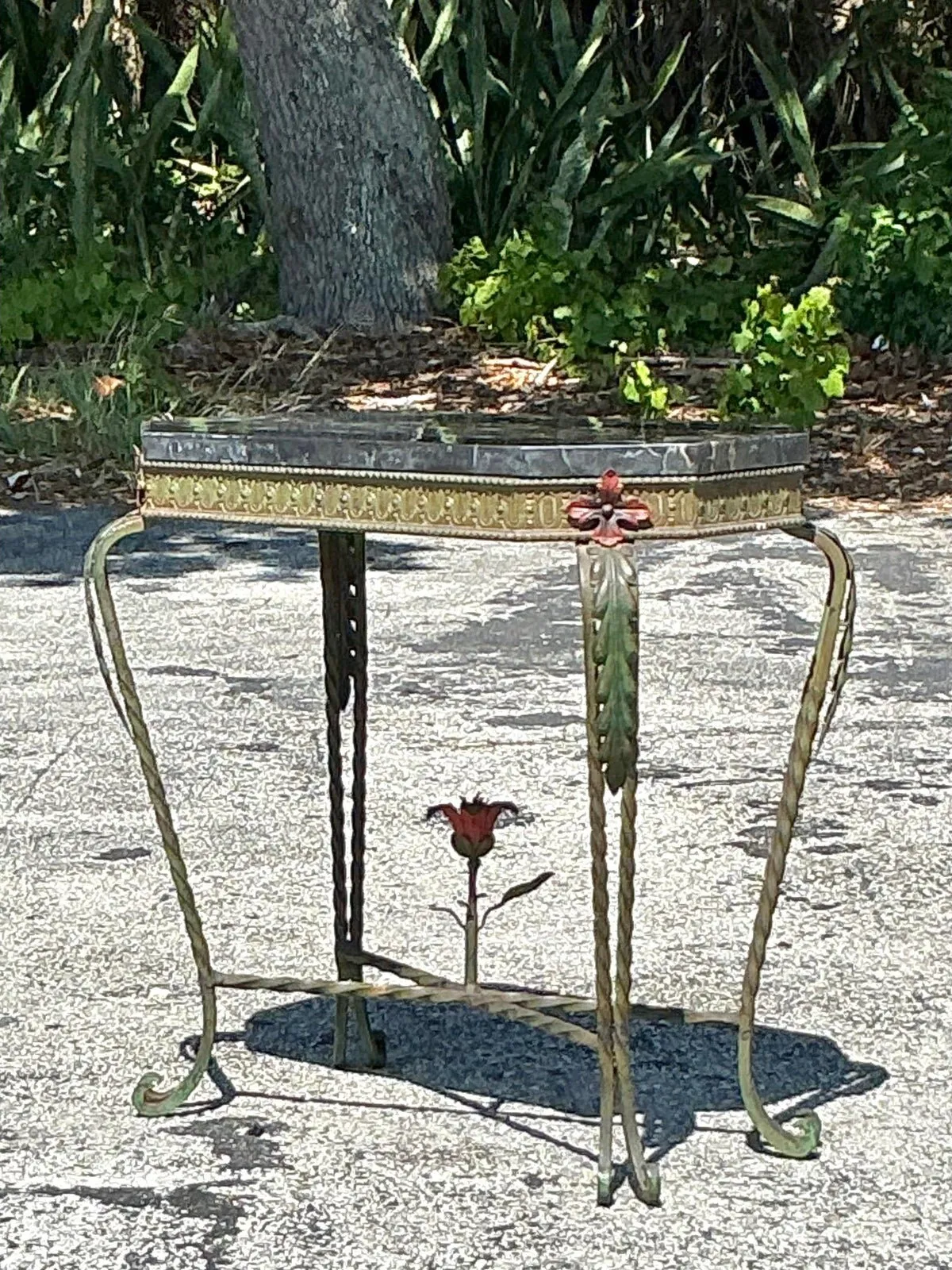 Vintage Deco Stone and Wrought Iron Side Table