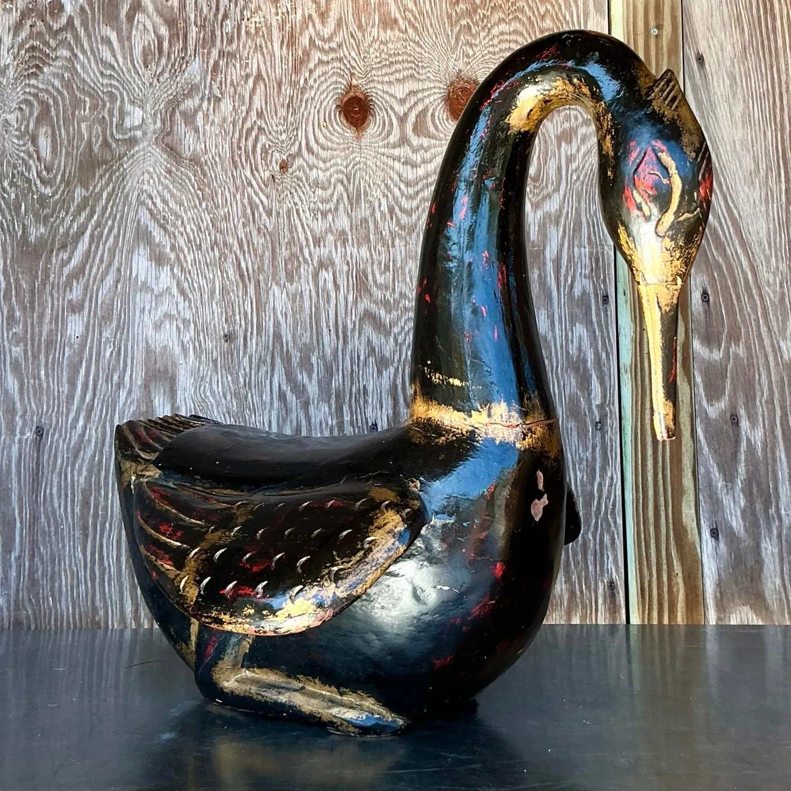 Late 20th Century Vintage Boho Hand Painted Carved Wood Swan — additional photo 2