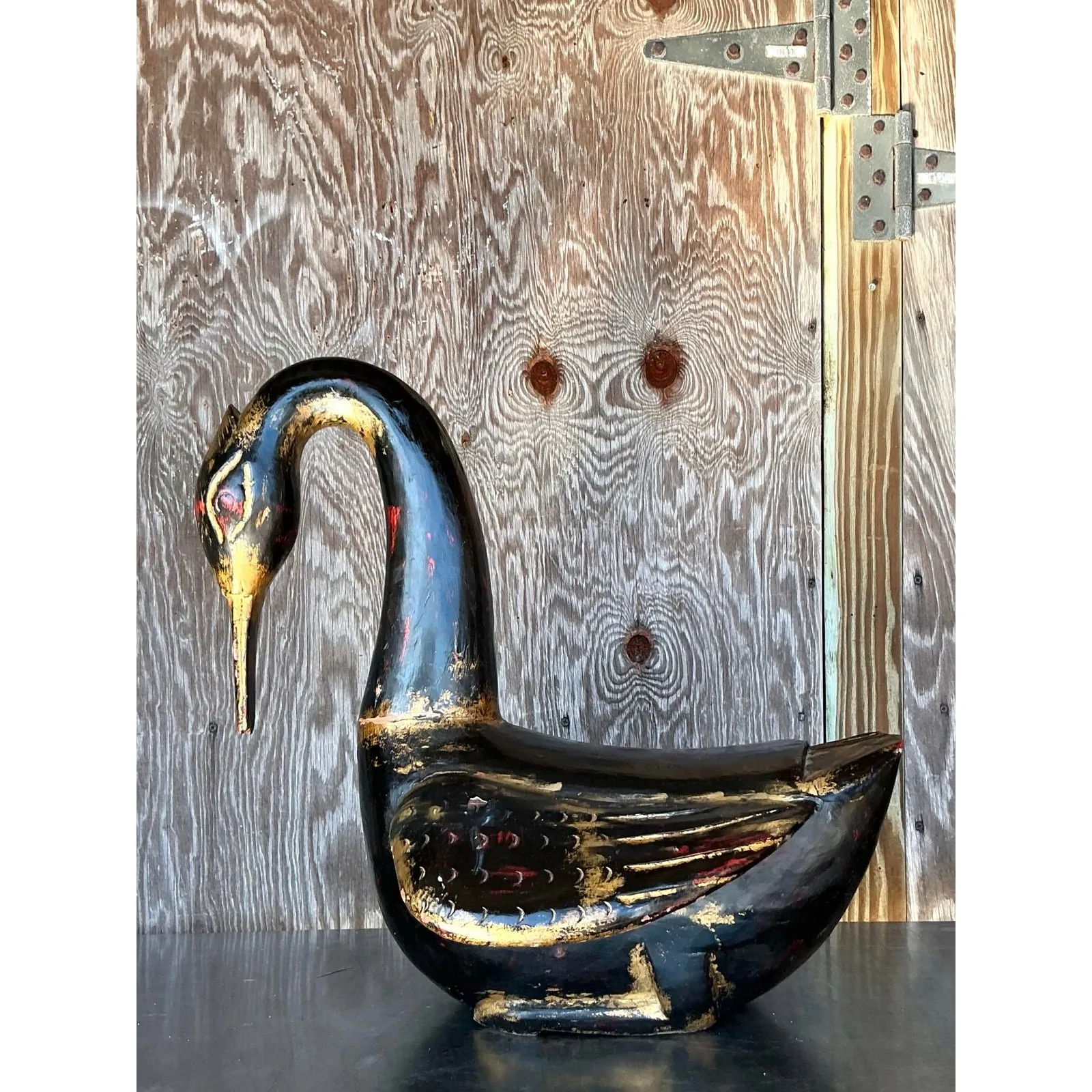 Late 20th Century Vintage Boho Hand Painted Carved Wood Swan — additional photo 3