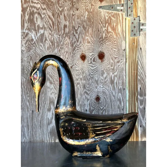 Late 20th Century Vintage Boho Hand Painted Carved Wood Swan — additional photo 3