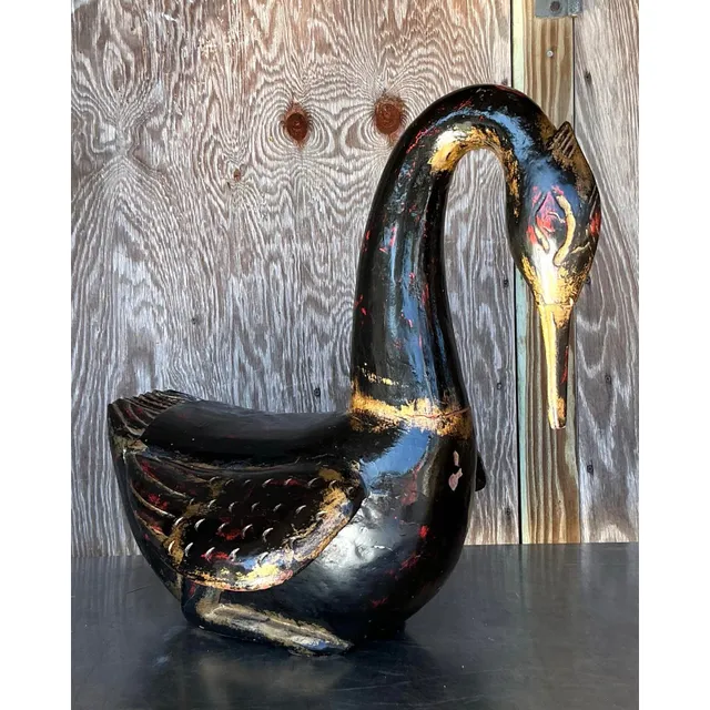 Late 20th Century Vintage Boho Hand Painted Carved Wood Swan — additional photo 4