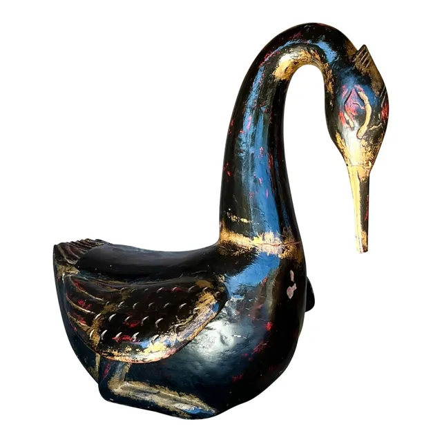 Late 20th Century Vintage Boho Hand Painted Carved Wood Swan — additional photo 1