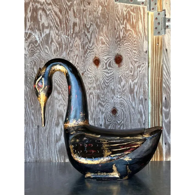 Late 20th Century Vintage Boho Hand Painted Carved Wood Swan — additional photo 5