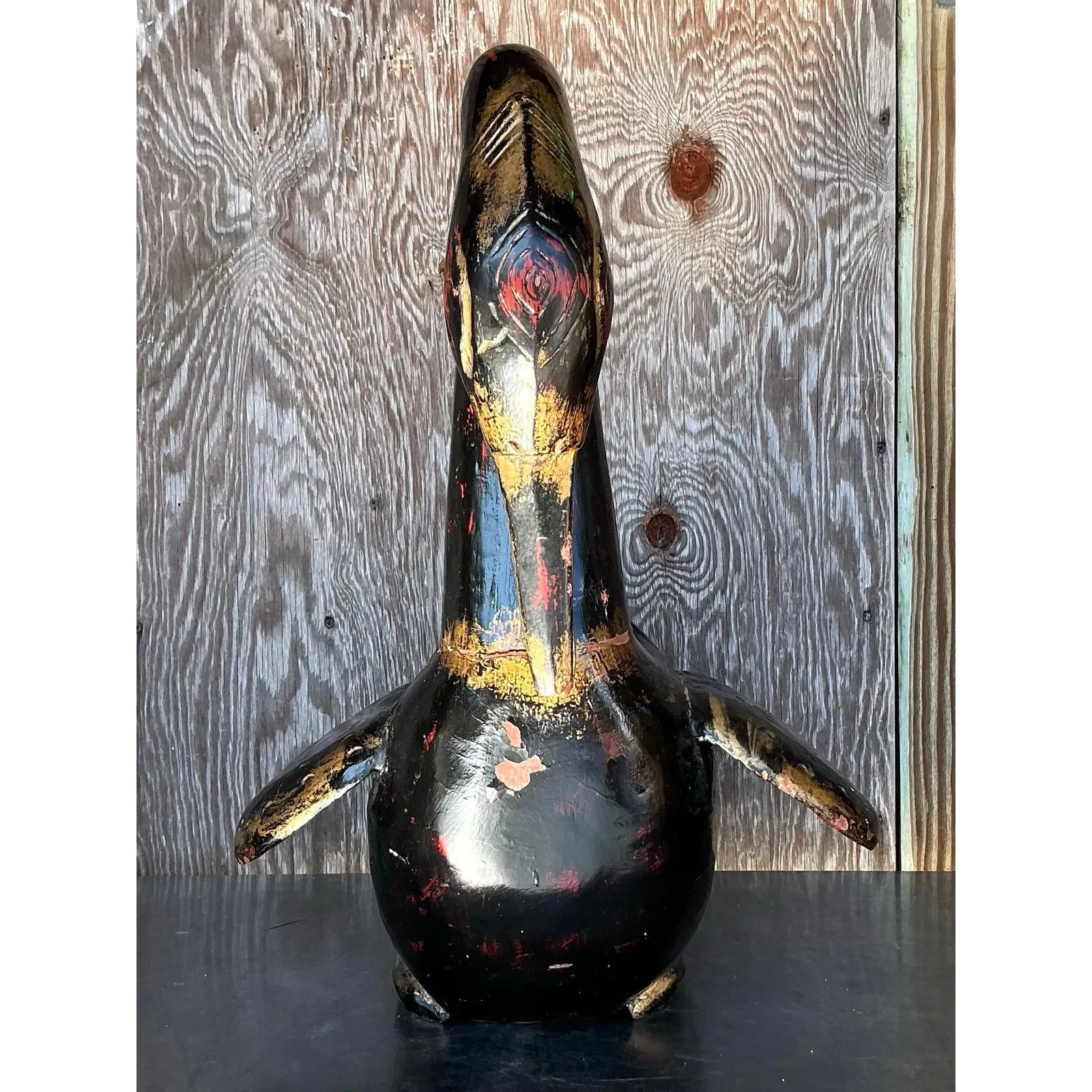 Late 20th Century Vintage Boho Hand Painted Carved Wood Swan — additional photo 6