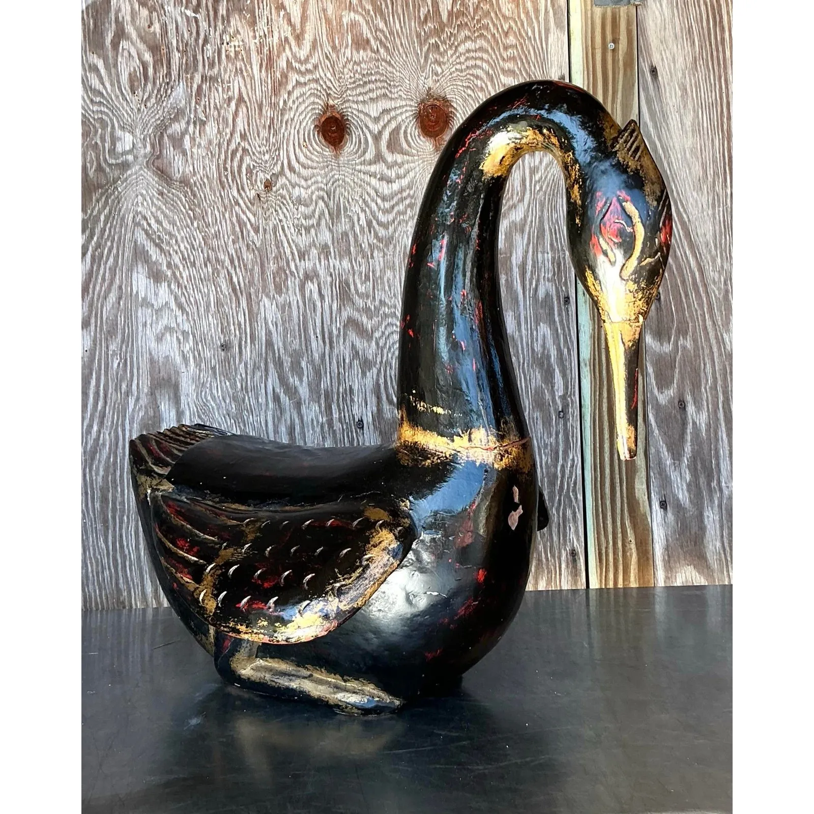 Late 20th Century Vintage Boho Hand Painted Carved Wood Swan — additional photo 7