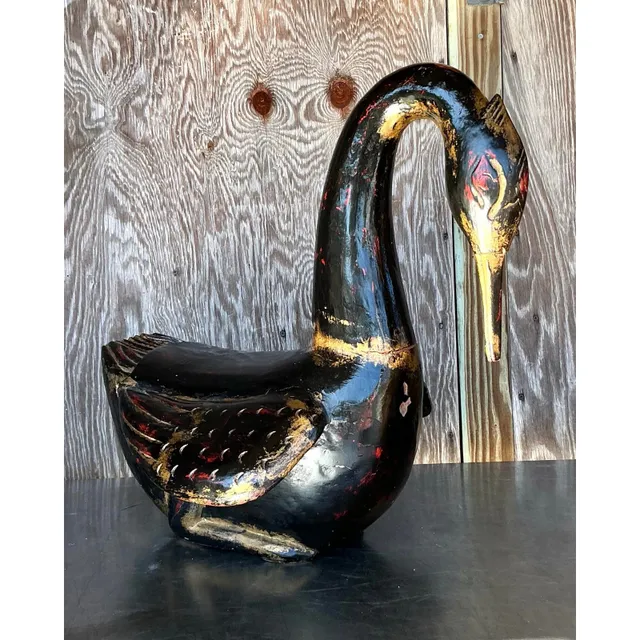 Late 20th Century Vintage Boho Hand Painted Carved Wood Swan — additional photo 7