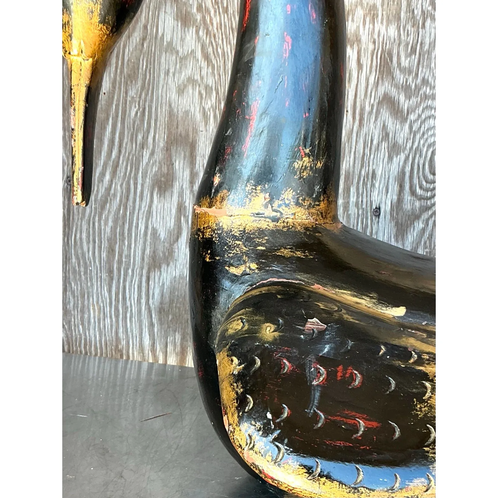Late 20th Century Vintage Boho Hand Painted Carved Wood Swan — additional photo 8