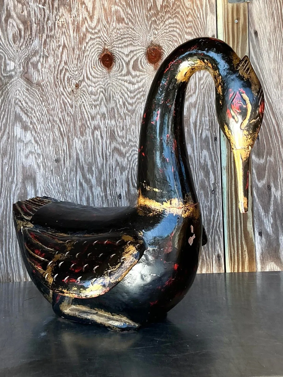 Late 20th Century Vintage Boho Hand Painted Carved Wood Swan — additional photo 8