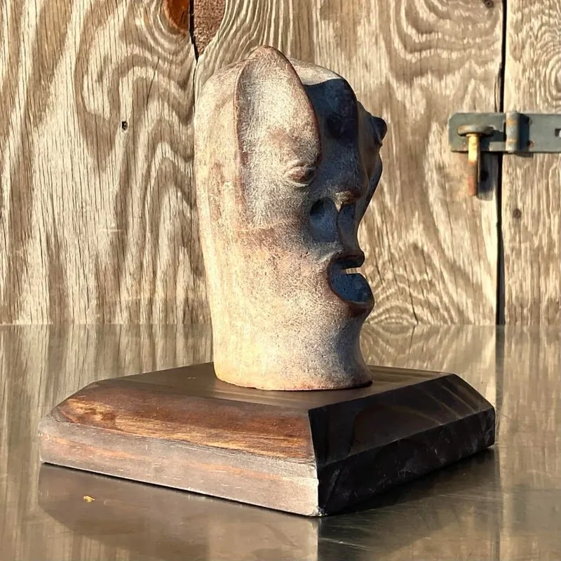Vintage Boho Abstract Carved Stone Head Sculpture — additional photo 5