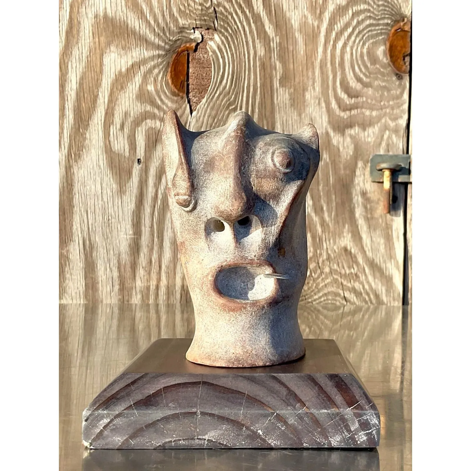 Vintage Boho Abstract Carved Stone Head Sculpture — additional photo 2