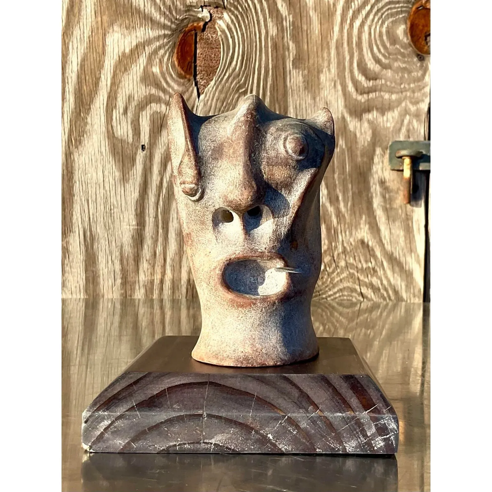 Vintage Boho Abstract Carved Stone Head Sculpture